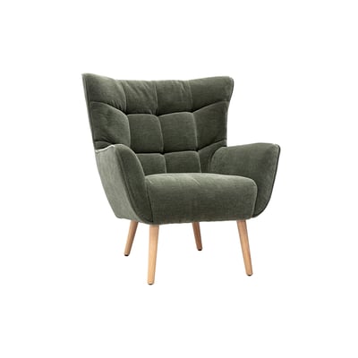 Fauteuil scandinave en tissu effet velours vert kaki et bois clair AVERY MILIBOO