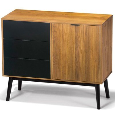 Buffet 1 porte 3 tiroirs bois et noir 95x40x80cm WADIGA