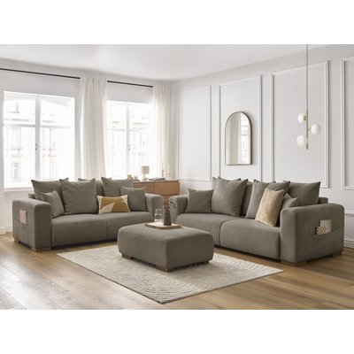 Canapé droit fixe 6 places en tissu chiné avec pouf, SIDONIE BOBOCHIC