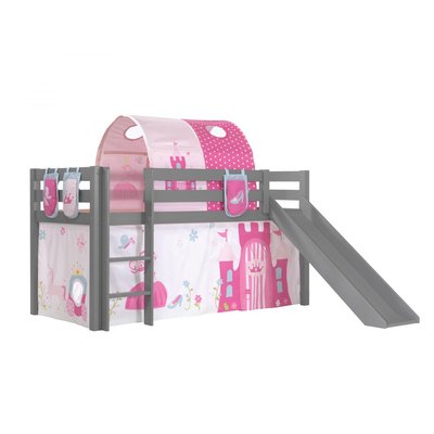 Lit Enfant Surélevé Avec Toboggan Pino Gris + Rideau + Tunnel de lit+ 3 pochettes Princess VIPACK