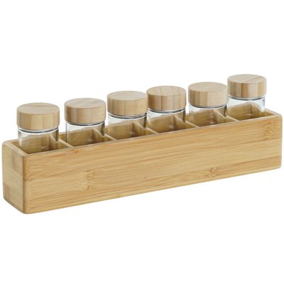 Set de 7 pots à épices en verre et plateau en bambou 32.5x6.5x6.5cm WADIGA