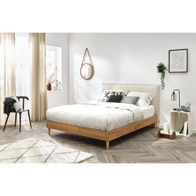 Lit en MDF Tissu avec pieds en bois naturel, CARA BOBOCHIC