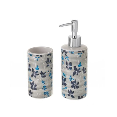 Set Salle de Bain Blanc et Bleu Floral - Distributeur Savon + Verre WADIGA
