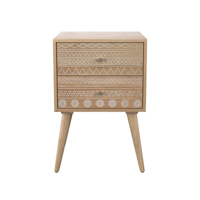 Table de chevet en bois de manguier gravé 2 tiroirs - TINY MAISON PAVANE