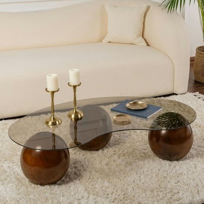 Table basse verre ambré design – 3 pieds boules marrons KOCHI PIER IMPORT