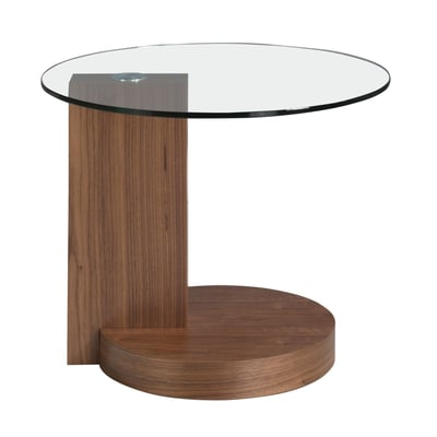 Table d'angle ronde en verre trempé et noyer ANGEL CERDA