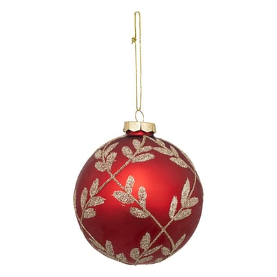 Boule de noël rouge avec feuilles dorées en verre 80mm ATMOSPHERA