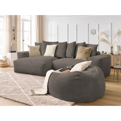 Canapé d'angle fixe 5 places en velours côtelé avec pouf, VOLTAIRE BOBOCHIC