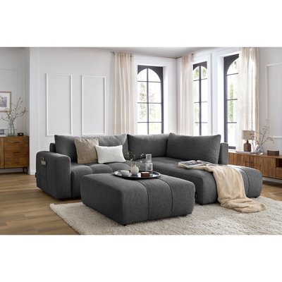 Canapé d'angle convertible 4 places en tissu chiné avec pouf, ARSENE BOBOCHIC