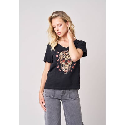 T-shirt femme en 100% coton avec imprimé tête de mort composée de papillons BESKULL DEELUXE
