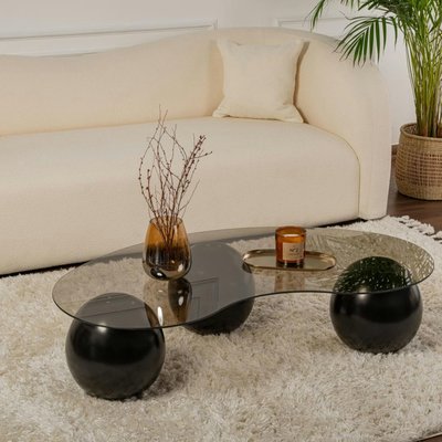 Table basse verre ambré design - 3 pieds boules noirs KOCHI PIER IMPORT