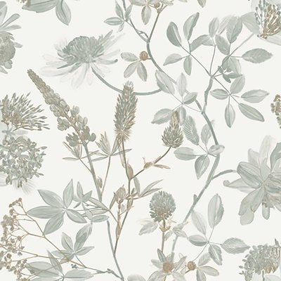 Papier peint floral botanique vert sauge fond blanc HEXOA