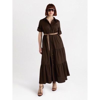 Robe chemise longue en coton stretch, avec col, volants, passants aux manches et ceinture en 100 % coton FIORELLA RUBINO