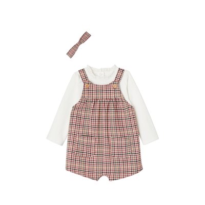 Ensemble salopette courte à carreaux + t-shirt et bandeau  ENJOY UNIVERSITY VERTBAUDET