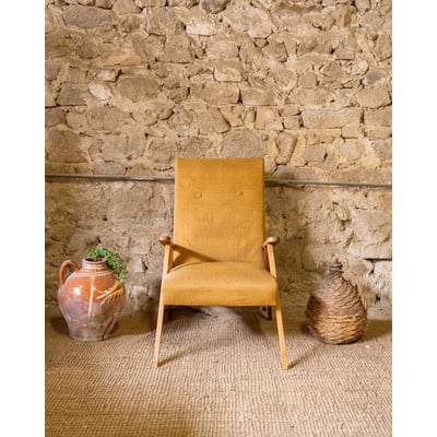 Fauteuil scandinave en tissu moutarde Jakob N°1383 - Bon état DEBONGOUT