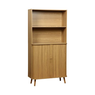 Etagère bibliothèque décor bois rainuré 2 portes coulissantes 4 niveaux LEGACY SWEEEK