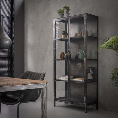 Vaisselier vitrine style industriel métal noir vieilli 2 portes en verre 90x190cm ROADIES PIER IMPORT
