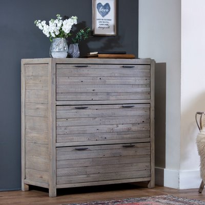 Commode 3 tiroirs en bois recyclé grisé lamelles horizontales style campagne 90 cm SIENNE PIER IMPORT
