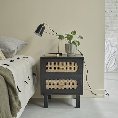 Table de chevet en bois massif et cannage 2 tiroirs  ZULMA BERAH GETAH