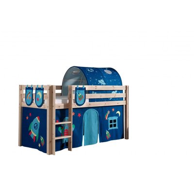 PINO  Lit Compact Pin Massif Naturel + Space Rideau et tunnel de lit + 3 pochettes VIPACK