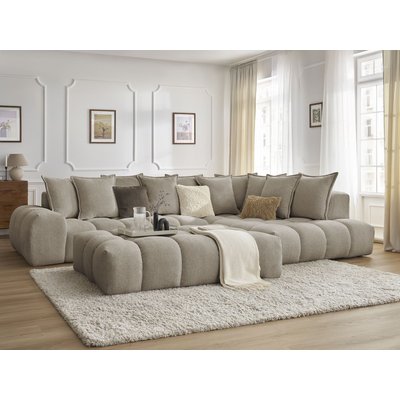 Canapé d'angle fixe 5 places en tissu chiné avec pouf, EVEREST BOBOCHIC