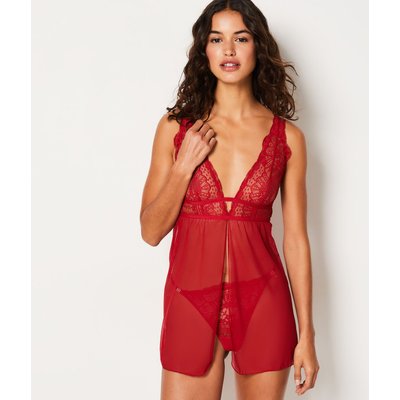 Nuisette rouge transparente dentelle La Redoute