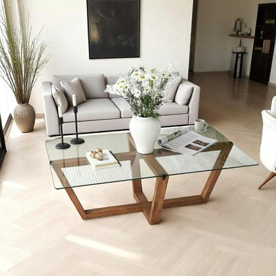 Table basse verre trempé - pied croisé en bois brun LHASA PIER IMPORT