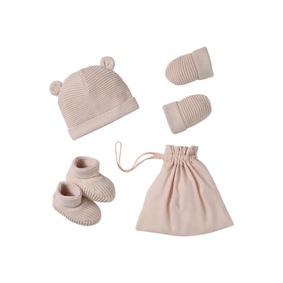 Ensemble bonnet, moufles et chaussons en coton bio et son pochon VERTBAUDET