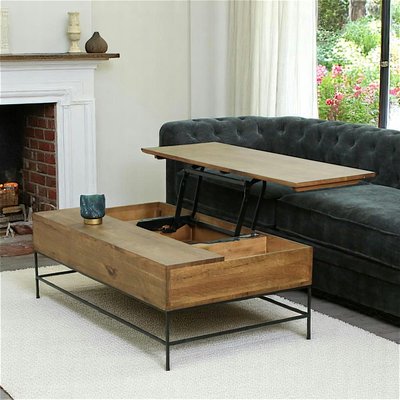Table basse relevable en bois massif et métal avec rangement style industriel contemporain HUDSON PIER IMPORT