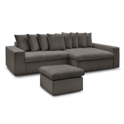 Canapé d'angle fixe 3 places en velours côtelé avec pouf, ENORE BOBOCHIC