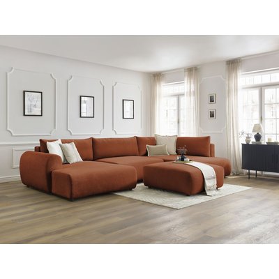 Canapé panoramique convertible 6 places en tissu lisse avec pouf, LUCIEN BOBOCHIC