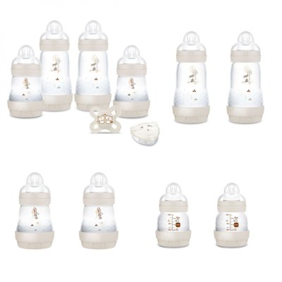 Coffret 10 biberons naissance anti-colique Sable (2*130 4*160 4*260 +1 sucette naissance et 1 boîte doseuse de lait ) MAM