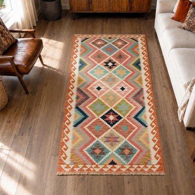 Tapis d'orient au motif ethnique, tissé à plat en laine, KILIM 7 UN AMOUR DE TAPIS