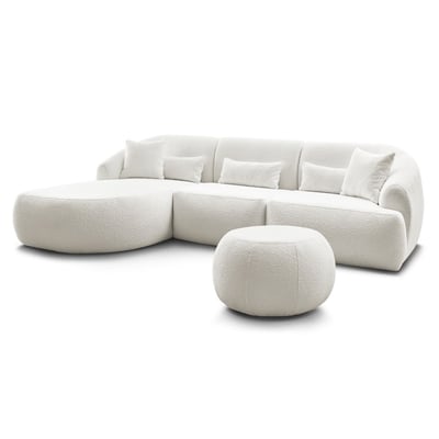 Canapé d'angle fixe 4 places en tissu bouclette avec pouf, ALESIA BOBOCHIC