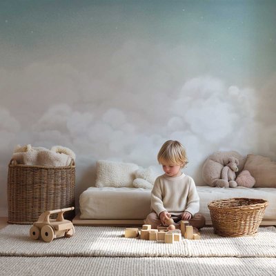 Papier peint nuages doux chambre bébé - Nuages de Ouate HEXOA