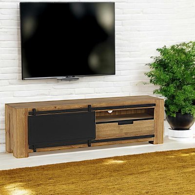 Meuble TV 180cm pin massif brossé naturel 1 porte coulissante noir style campagnard SOHO PIER IMPORT