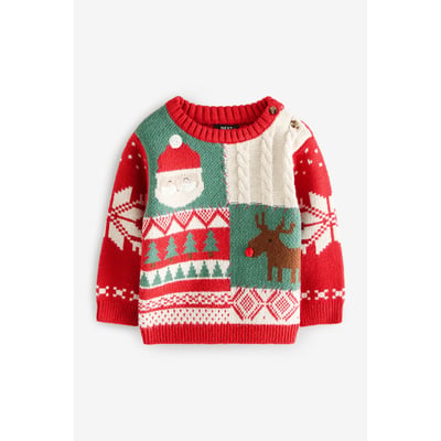 Pull De Noël Bébé Vertbaudet - Maille Jacquard Motif Noël, Dos Boutonné, 60% Coton 40% Acrylique - Collection Capsule Famille