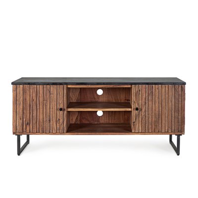 Meuble TV en bois d'acacia et marbre noir 2 portes 2 niches L130 - VIRGINIE HELLIN, DEPUIS 1862