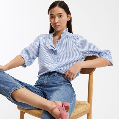 Blouse coton rayé, col victorien, manches courtes LA REDOUTE COLLECTIONS