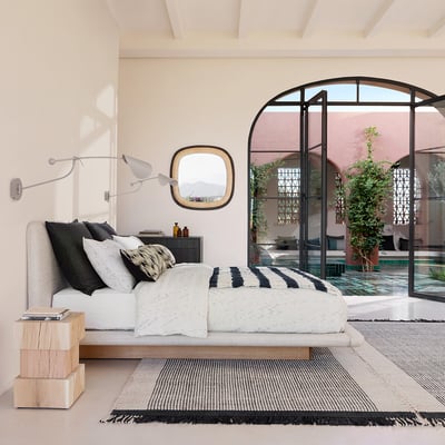 Lit double avec sommier assemblé, en tissu et plateforme en frêne, SLICE AM.PM