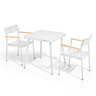 Salon de jardin table carrée et 2 fauteuils en aluminium/bois, BRISTOL OVIALA