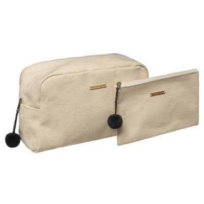 Trousse de toilette + pochette beige à pompoms ATMOSPHERA