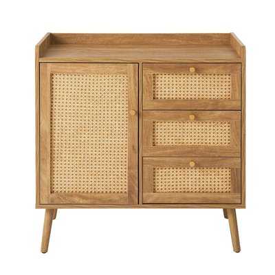 Commode 1 porte 3 tiroirs avec façades en rotin et pieds en bois L80 cm - PALMO CALICOSY