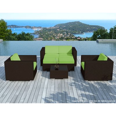 Salon de jardin résine noire 2 fauteuils + canapé tissu vert + 2 poufs + table basse PIER IMPORT