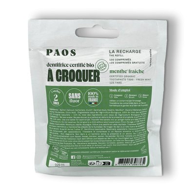 Sachet de 125 dentifrices à croquer à la menthe bio PAOS