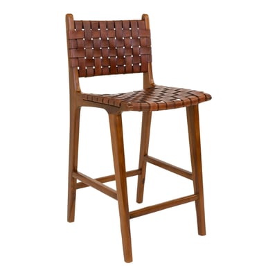 Chaise de bar en bois de teck et cuir marron MENDOZA PIER IMPORT