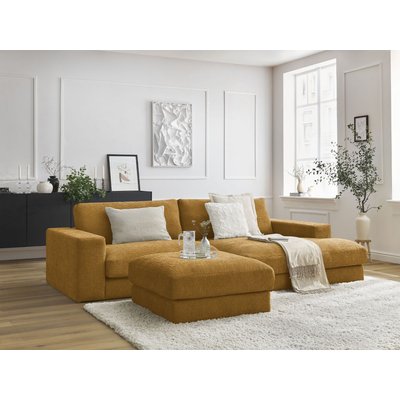 Canapé d'angle fixe 5 places en tissu texturé avec pouf, LEONARD BOBOCHIC
