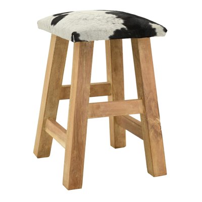 Tabouret carré en bois recyclé et peau de vache AUBRY GASPARD