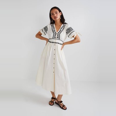 Robe midi brodée unie en coton BIO GOTS et lin MONOPRIX