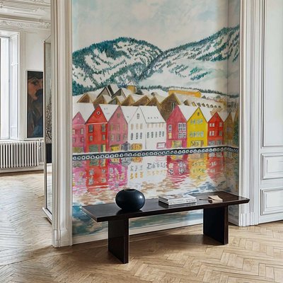 Papier peint panoramique d'un paysage de Bergen dessiné à la main - 85x260 cm (l x h) LA TOUCHE ORIGINALE